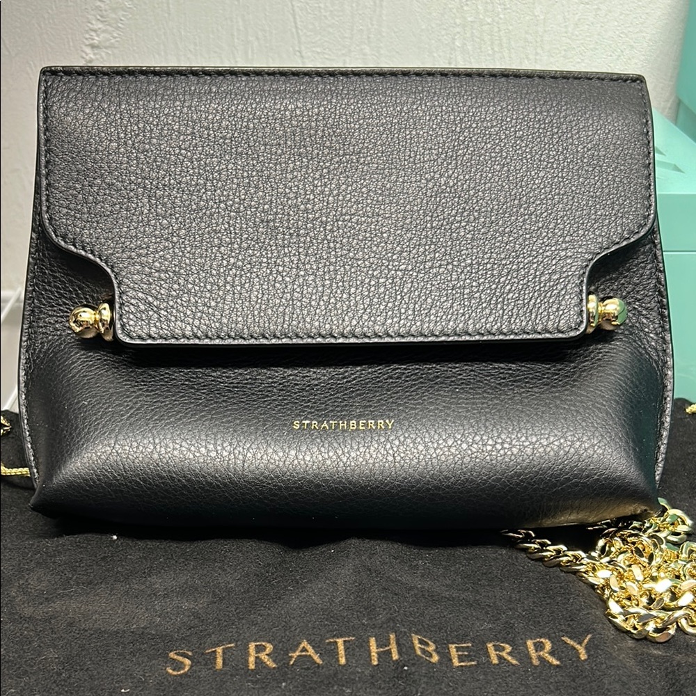 Strathberry Black Leather Crossbody Bag with Gold Chain